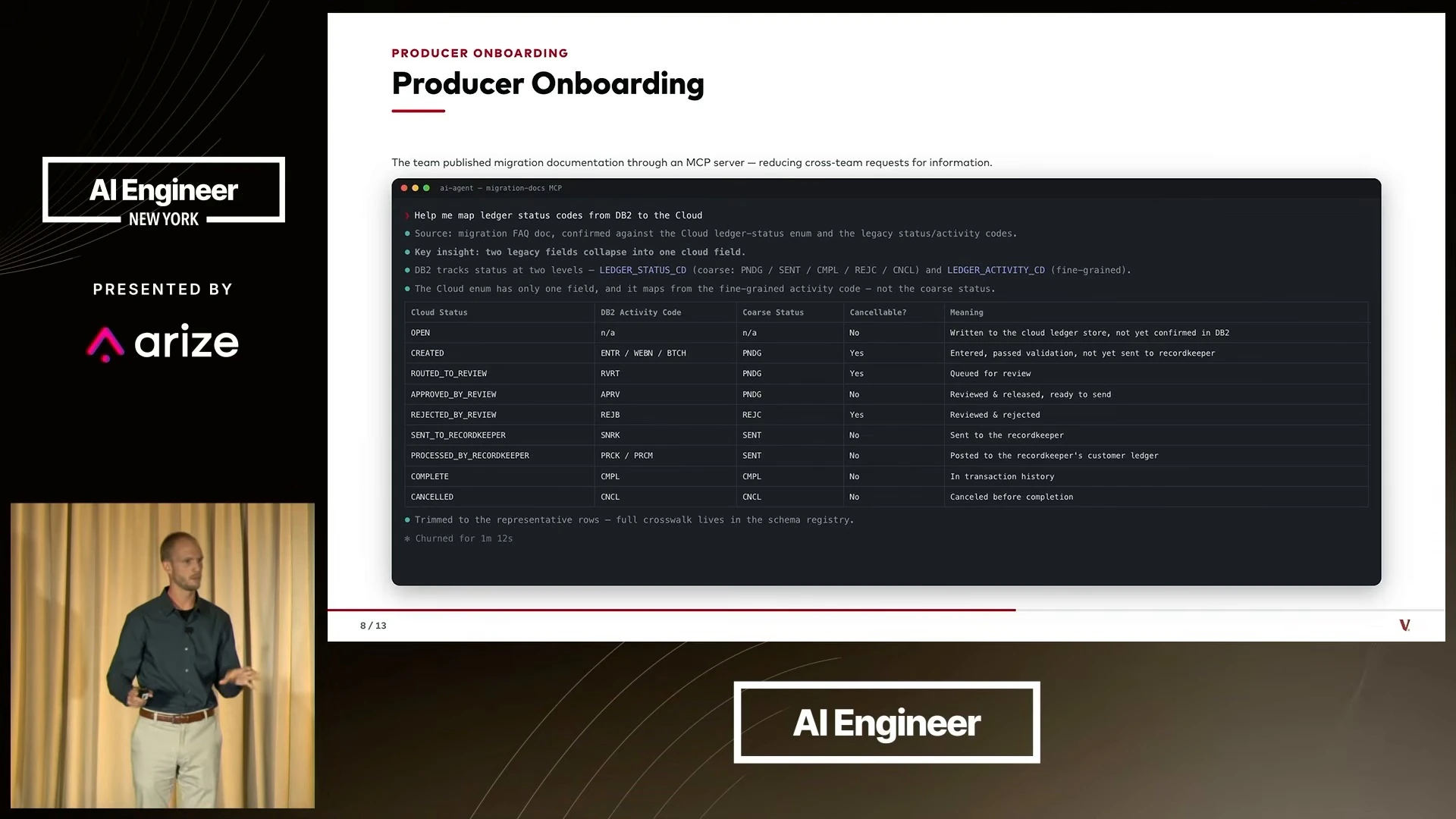 Migration documentation served through an MCP server, with an example mapping legacy ledger statuses to cloud statuses.