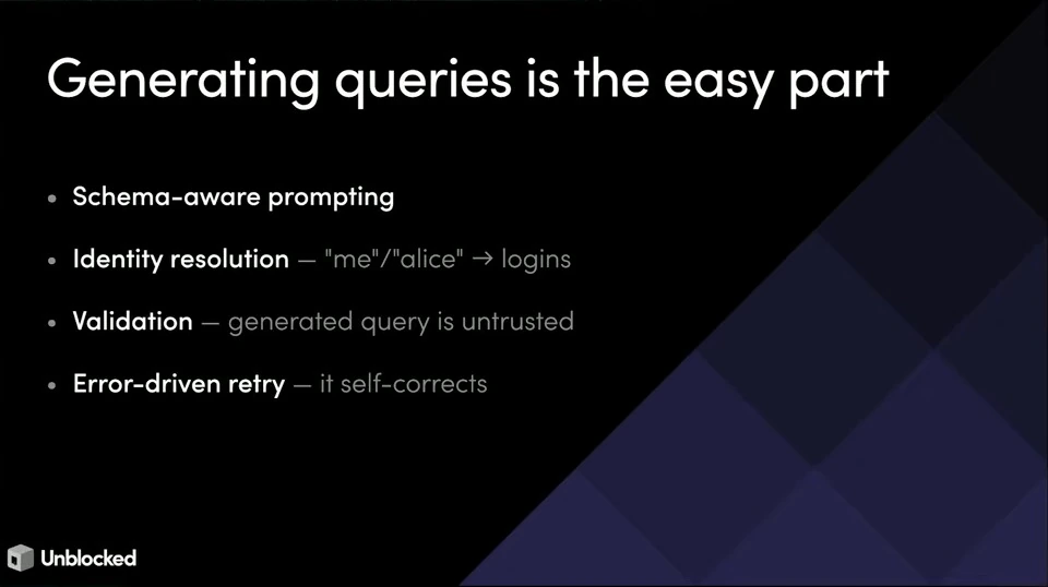 Query generation considerations include schema-aware prompting, identity resolution, validation and error-driven retry.
