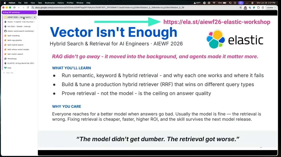 Workshop slide introducing hybrid retrieval, learning objectives, and the importance of retrieval quality.