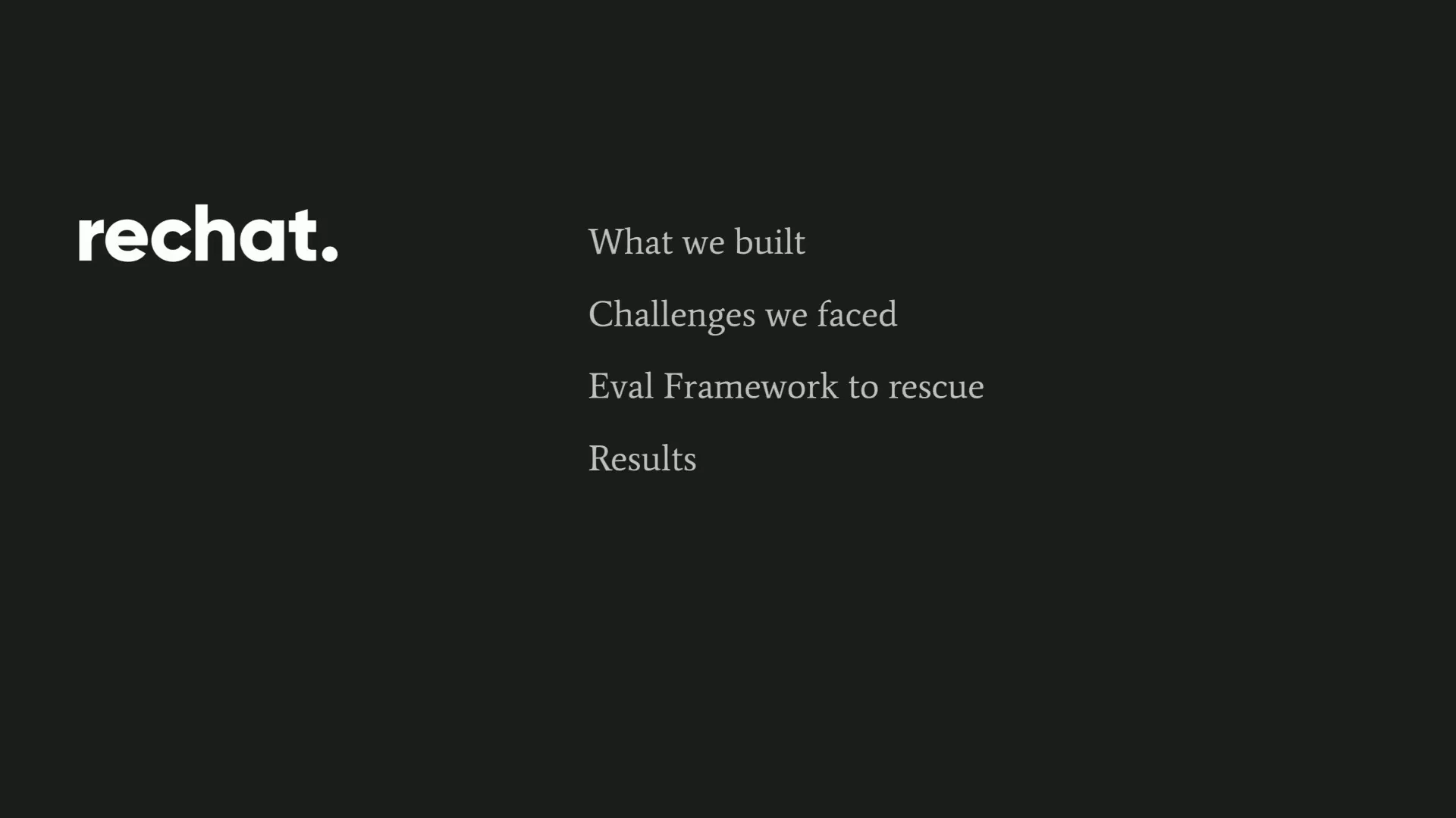 Agenda covering what was built, challenges, the evaluation framework, and results.
