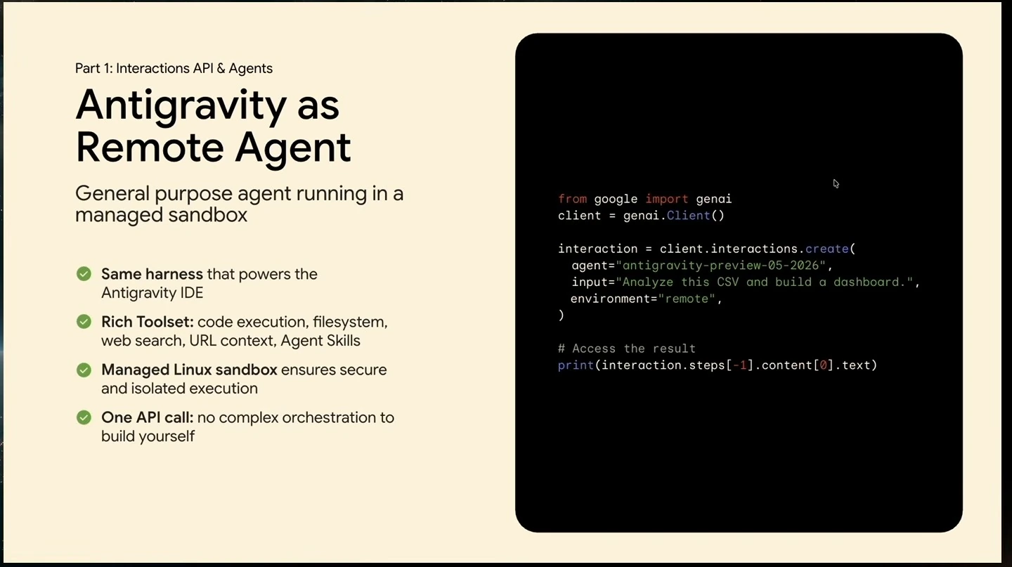 Slide summarizing a remote agent's tools and managed sandbox, alongside a Python example.