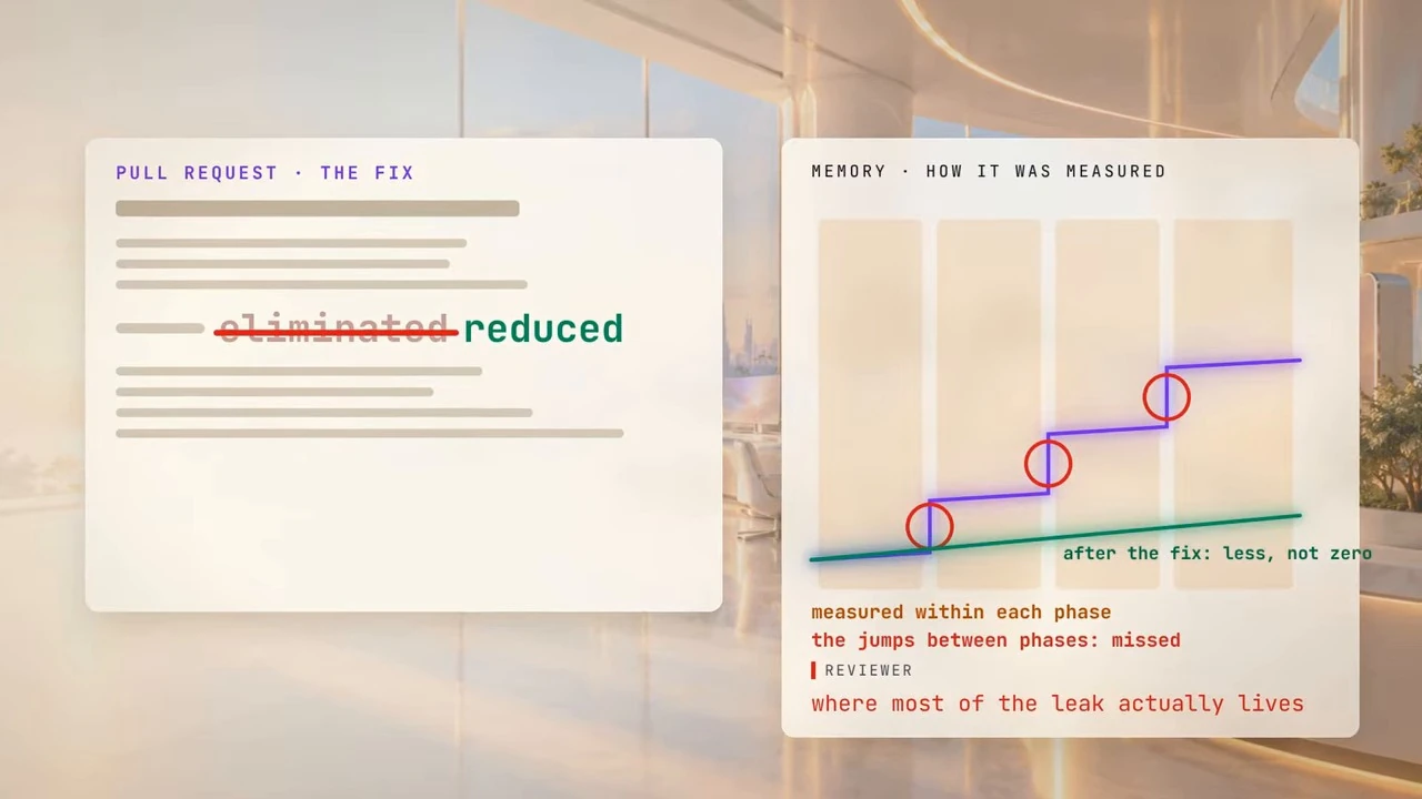 A pull request claim changes from eliminated to reduced; a diagram highlights missed jumps and shows a lower post-fix line.