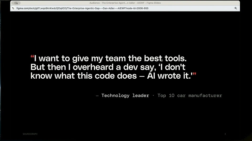A technology leader at a top car manufacturer recounts hearing a developer say they do not know what AI-written code does.