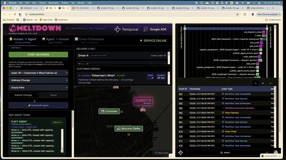 Customer-change controls and delivery map beside a workflow timeline and event history.