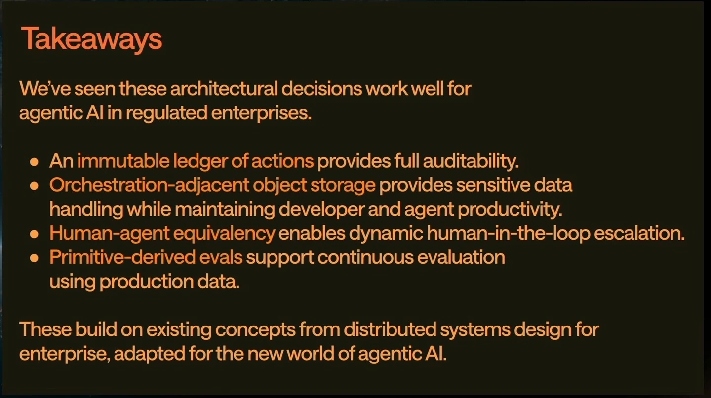 Slide summarizes the ledger, object storage, human-agent equivalency, and evaluations for regulated enterprises.