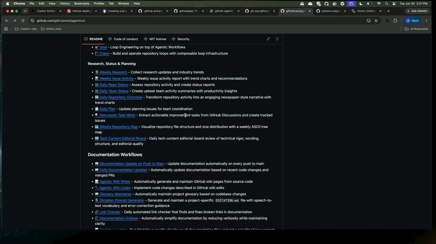 Agentics README listing research, planning, and documentation workflows.