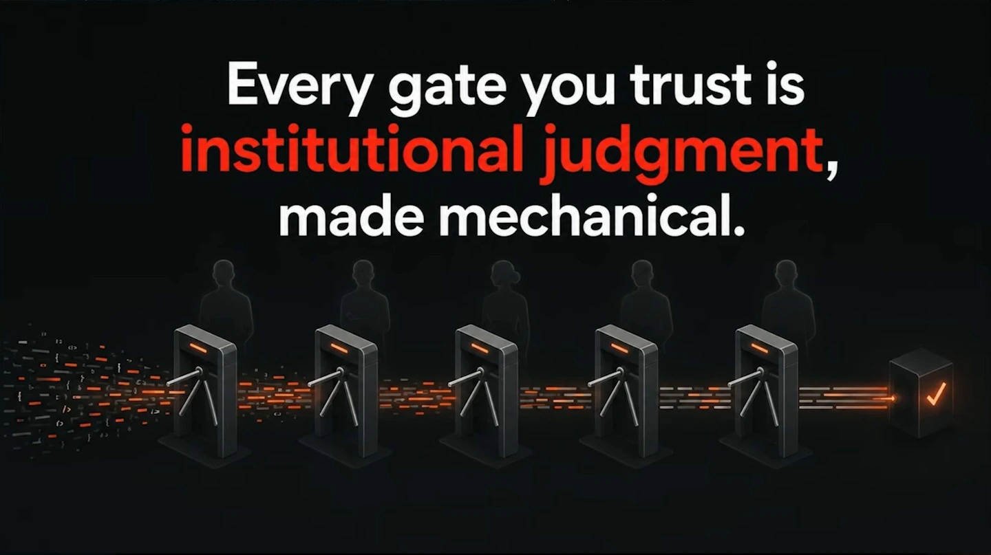 Turnstiles illustrate the statement that trusted gates make institutional judgment mechanical.