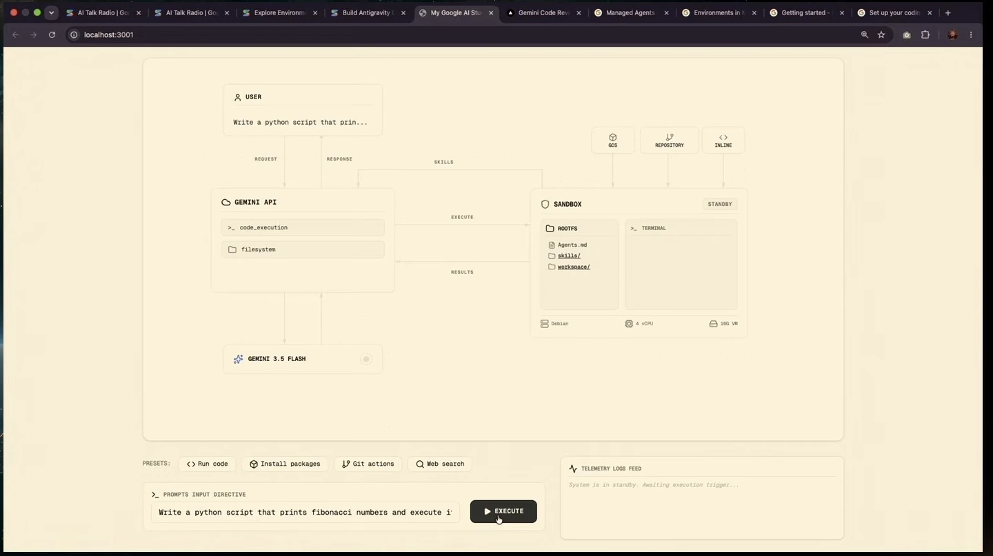 A diagram connects a user request, Gemini API, model, and standby sandbox.