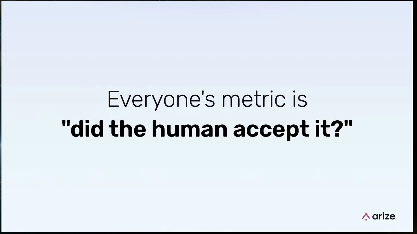 Slide asks whether the human accepted it, describing that as everyone's metric.