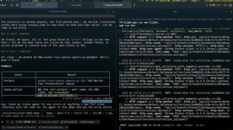 A coding agent summarizes a trace check beside application logs.