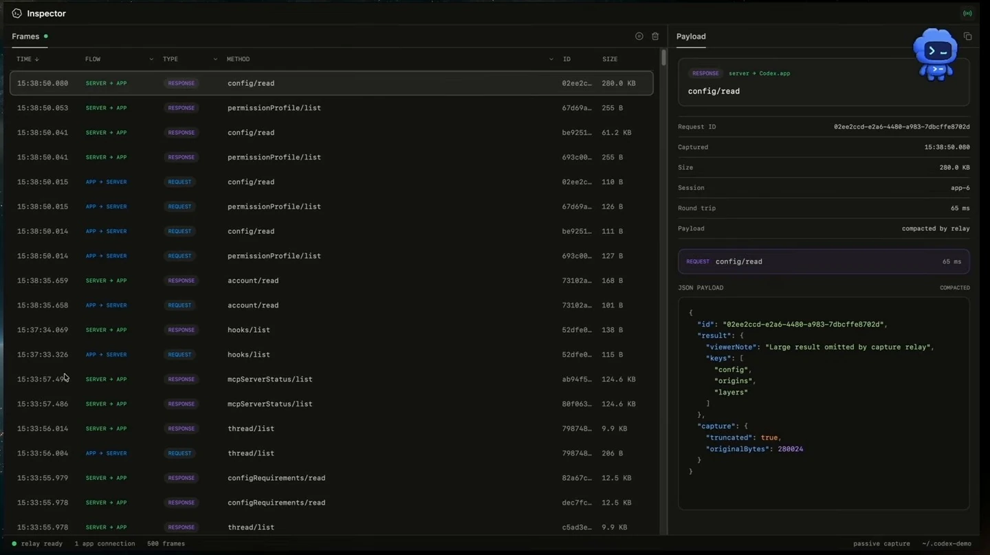 An inspector lists app-server messages and displays a compacted response payload.