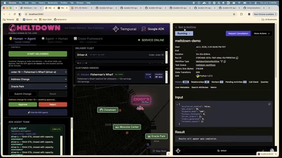 Pending address change beside the running parent workflow's details and input.