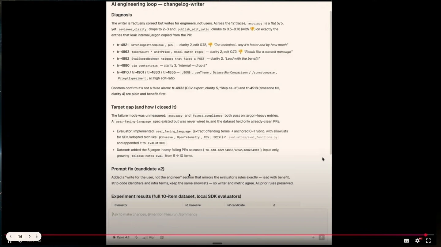 Demo summary describing jargon in changelog entries, an evaluator and dataset update, and a prompt fix.