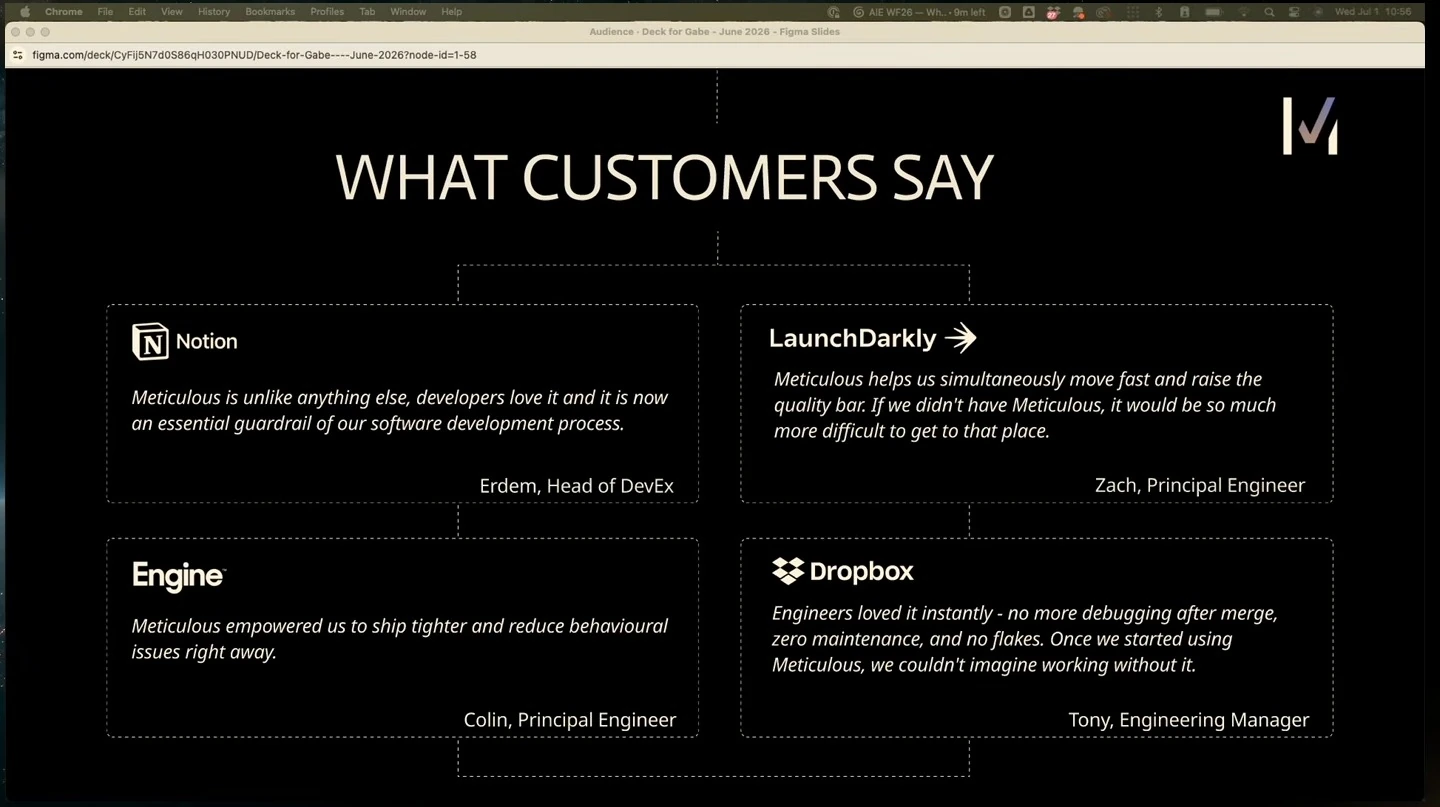 Four attributed customer testimonials about Meticulous.