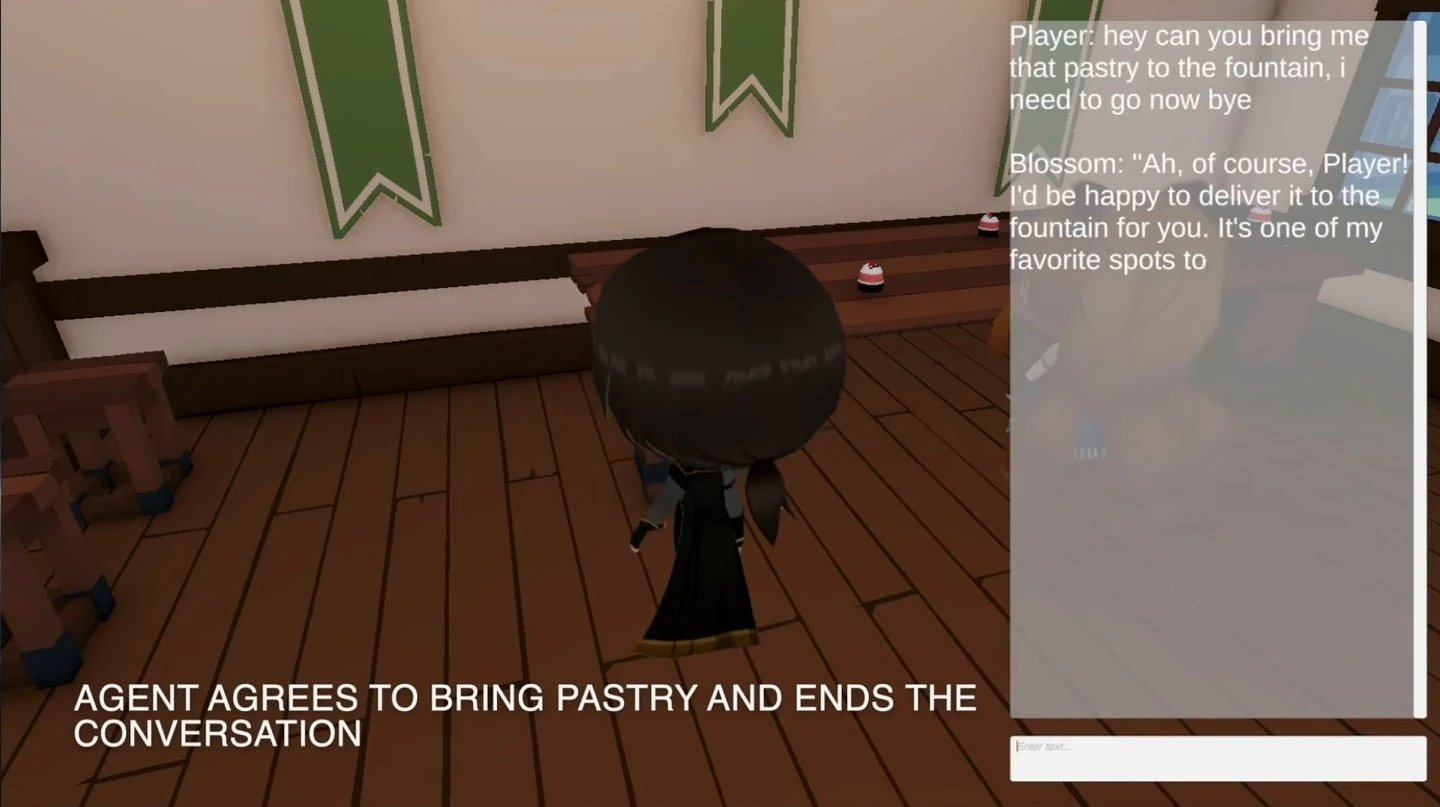 A player asks Blossom to bring a pastry to the fountain; Blossom begins agreeing.