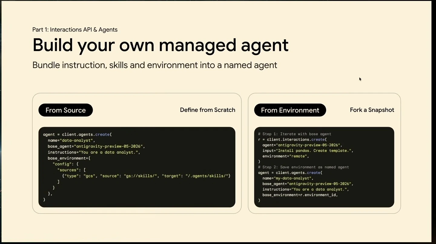 Slide showing examples of creating a managed agent from source configuration or an existing environment.