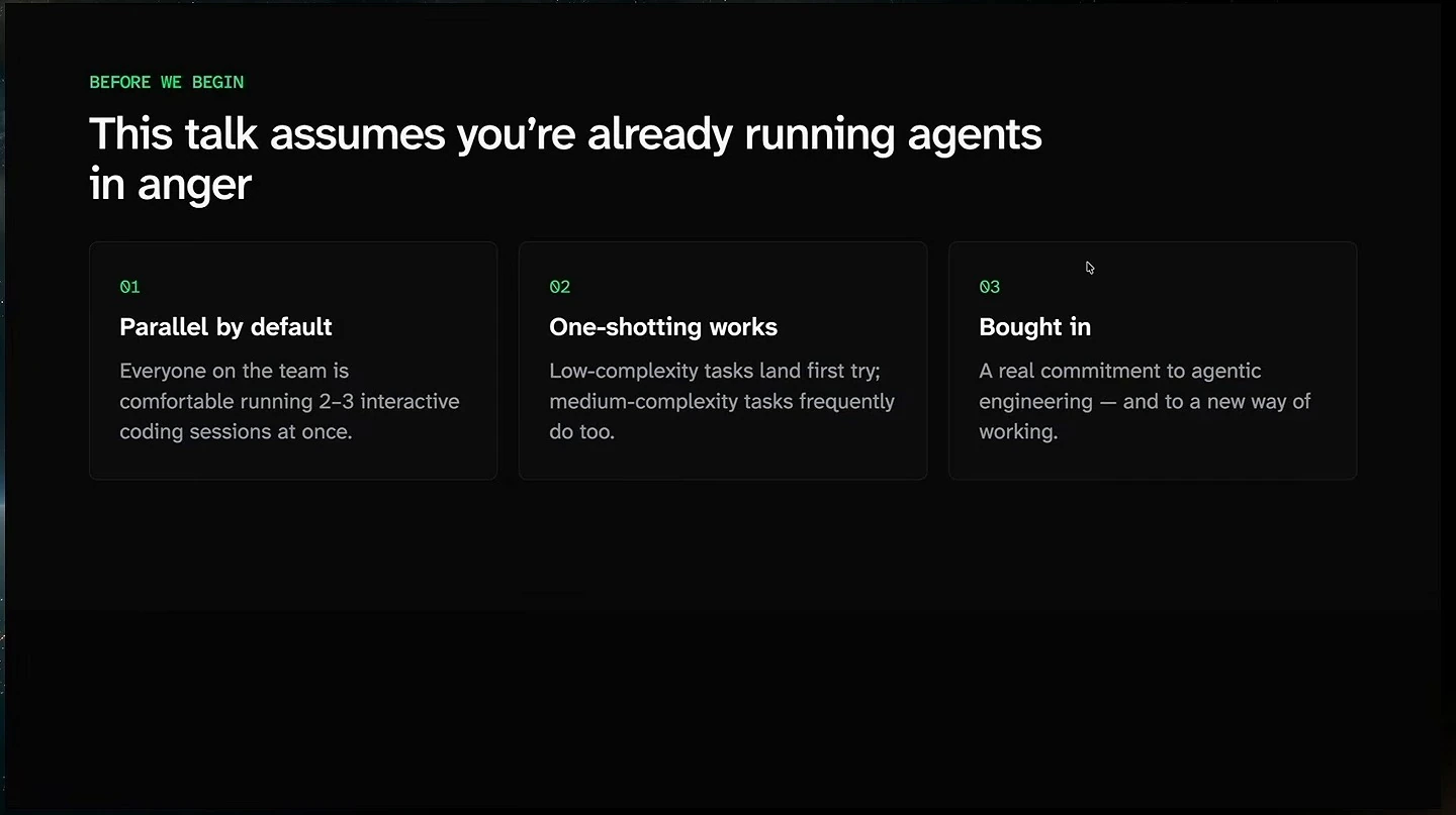 Prerequisites: running parallel coding sessions, successfully one-shotting tasks, and commitment to agentic engineering.