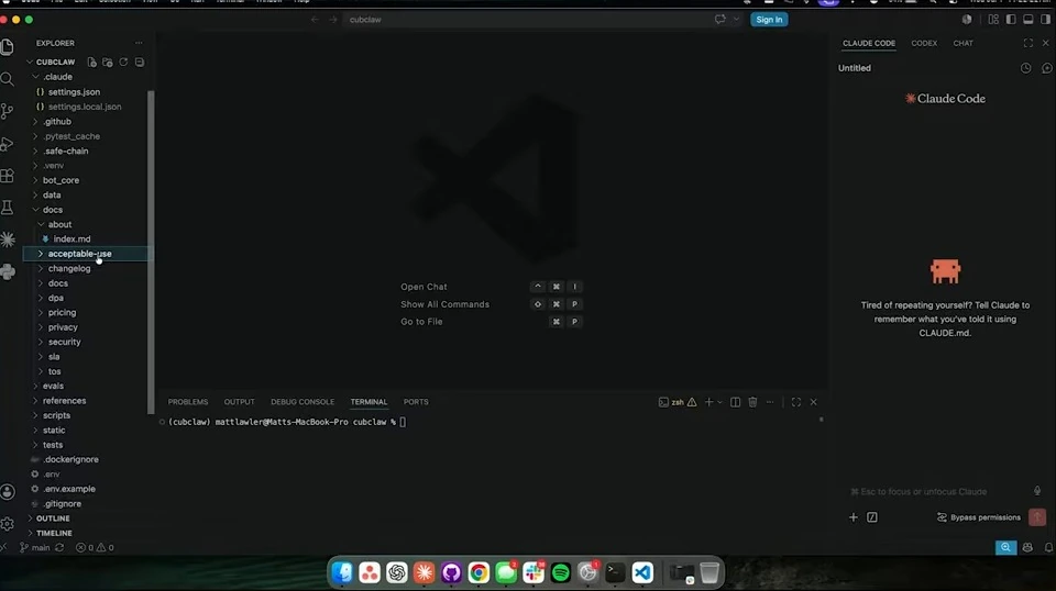 VS Code shows documentation folders in the project explorer and an open Claude Code panel.
