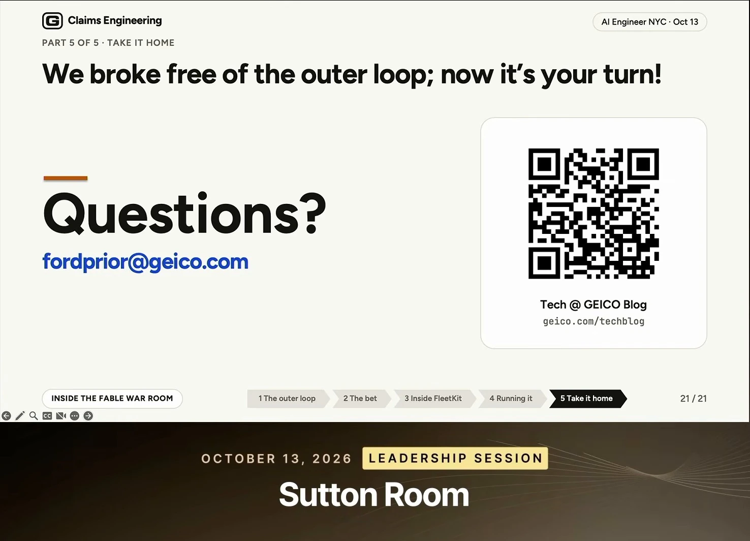 Closing questions slide with a professional contact and a QR code for the company technology blog.