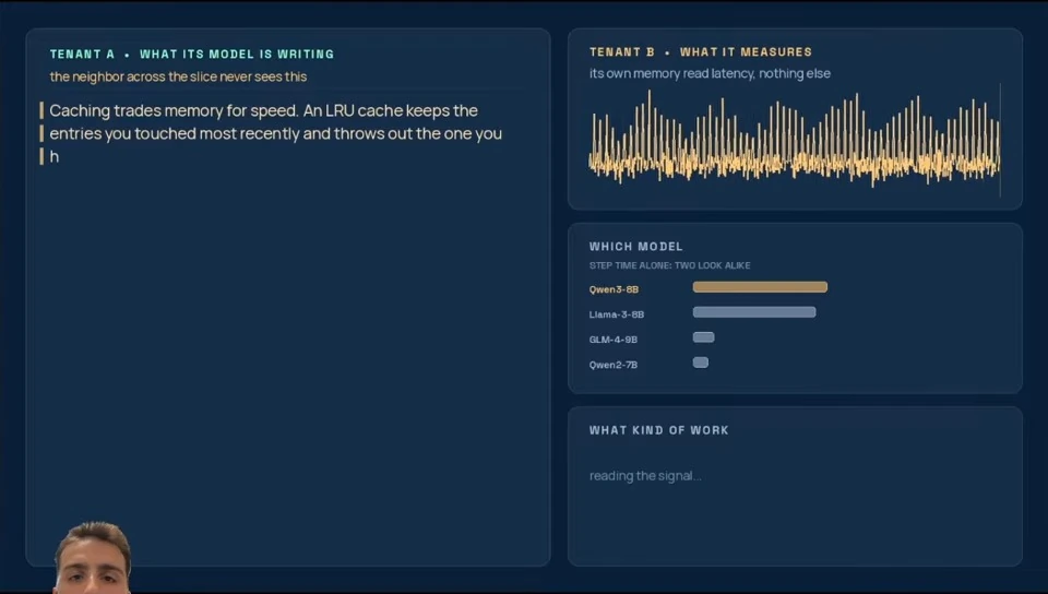 A partially generated cache explanation appears beside a timing trace and a chart comparing candidate models.