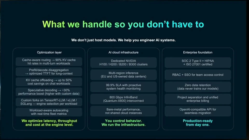Three columns summarize optimization, AI cloud infrastructure, and enterprise foundations.