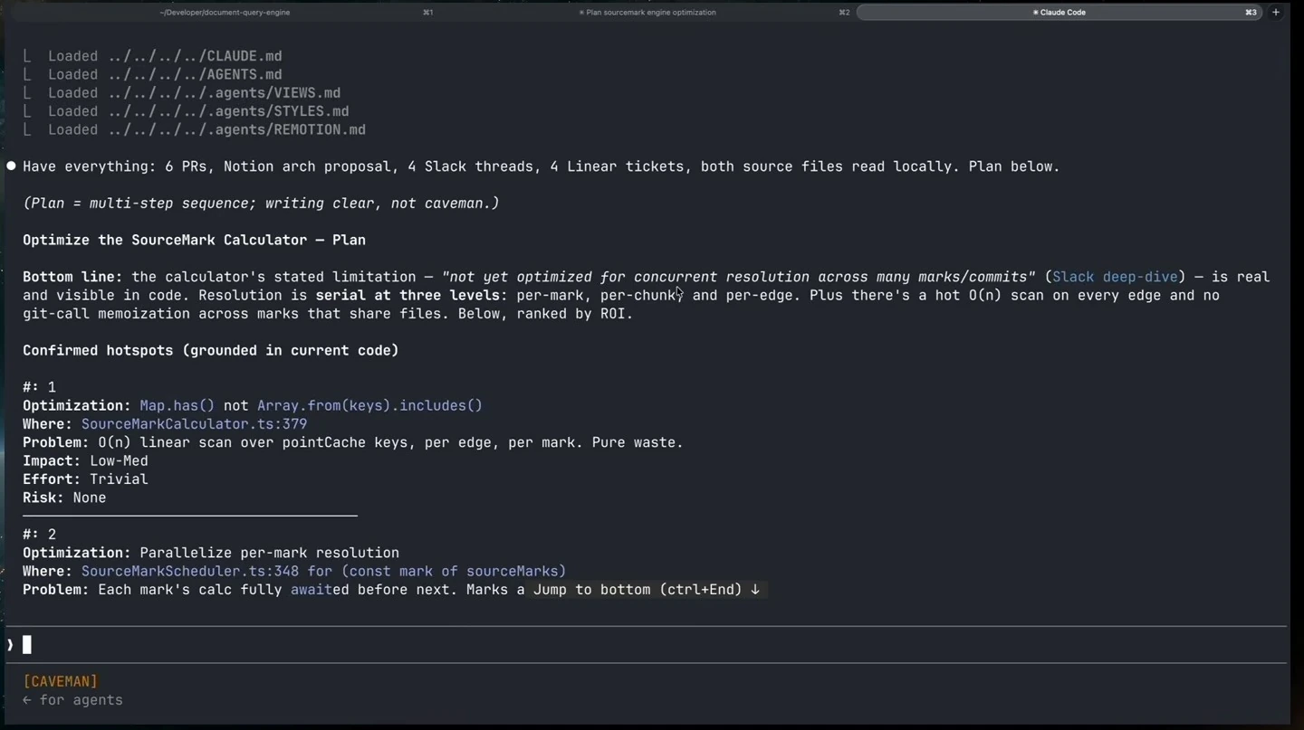 A terminal displays a SourceMark optimization plan and its first identified hotspot.