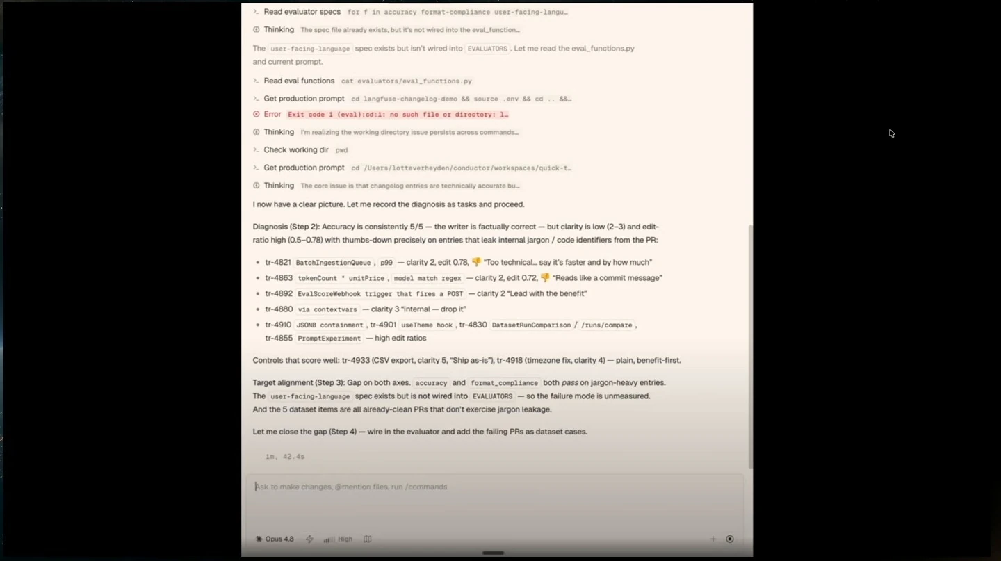 Coding agent diagnoses low clarity and jargon leakage in changelog entries.