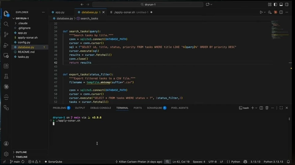 Code editor showing Python database functions and a terminal running a Sonar setup script.