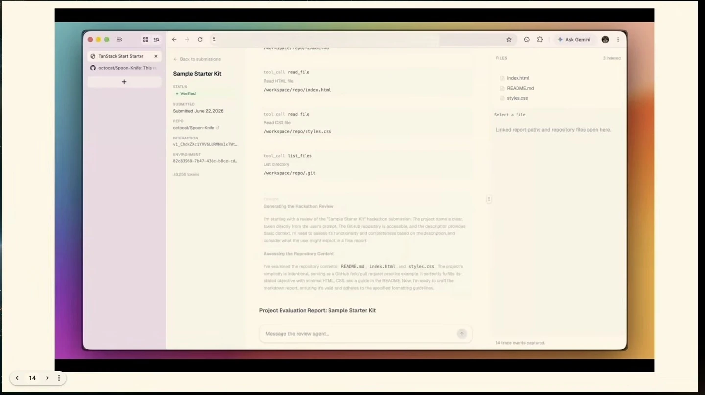 Browser-based repository review with file-reading tool calls, a file list, and the beginning of a project evaluation report.
