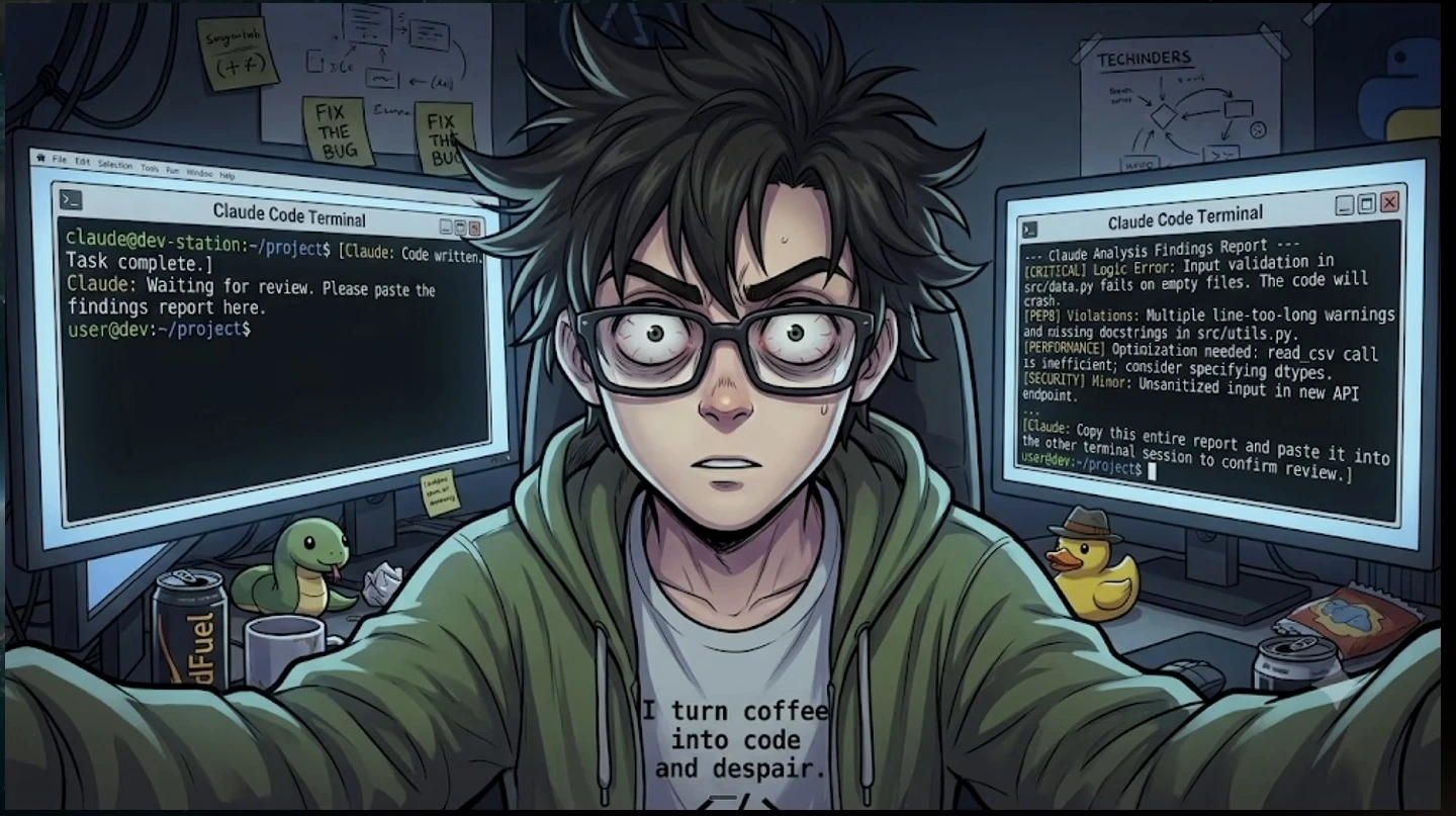 An overwhelmed developer sits between two terminals, one waiting for a review report and the other showing review findings.