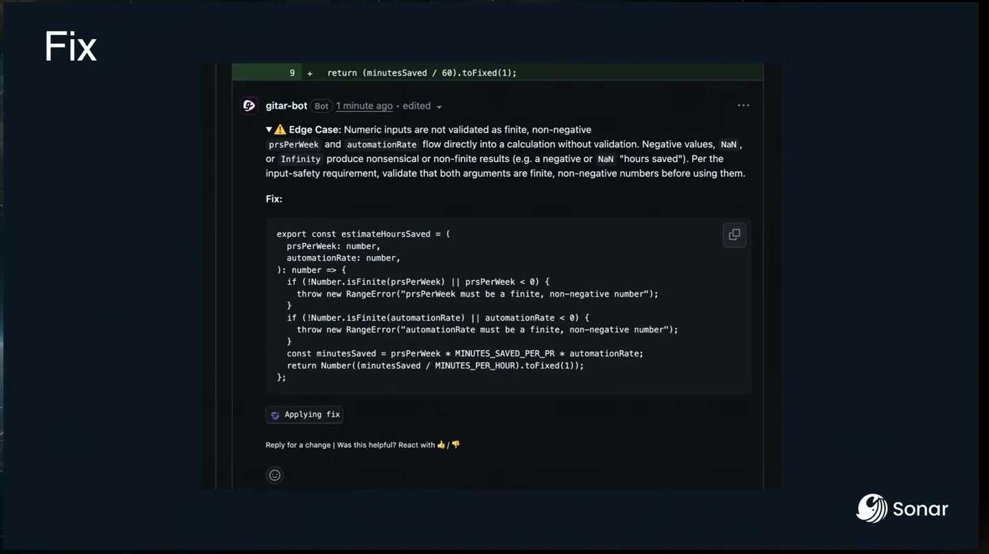A review comment proposes validating numeric inputs and shows a fix being applied.