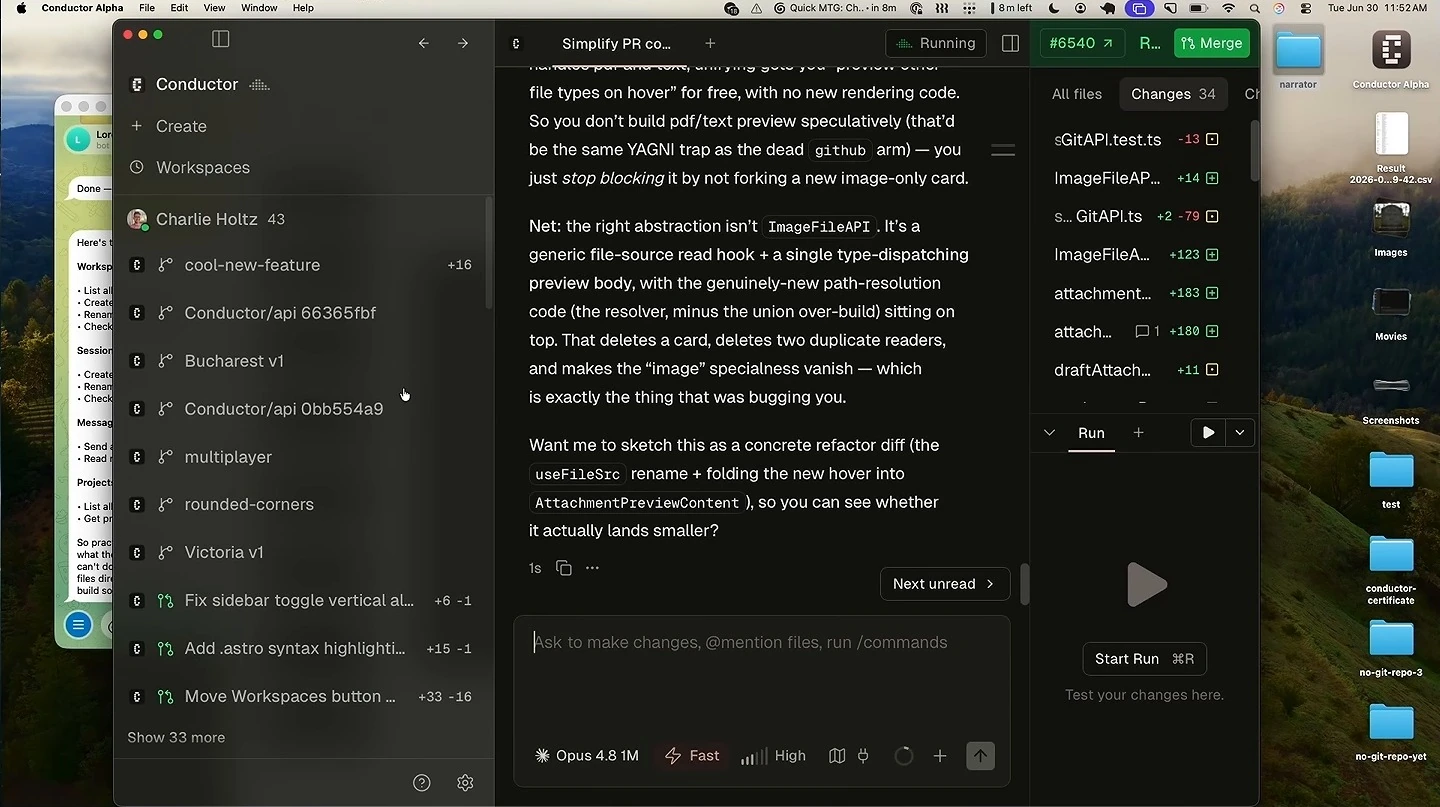 The sidebar shows a workspace group beside an open discussion.