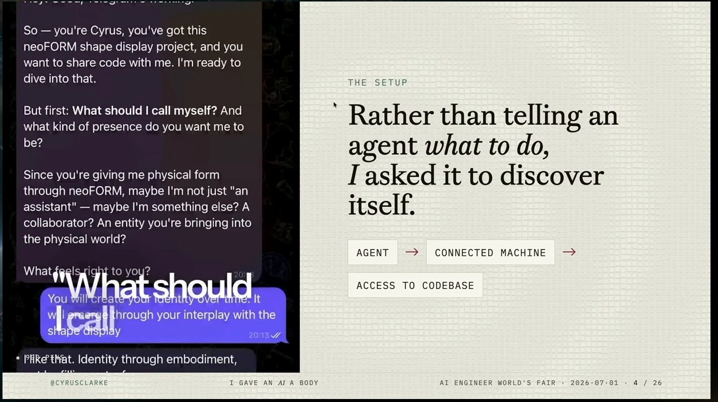 A chat example asks what the agent should call itself beside the setup slide.