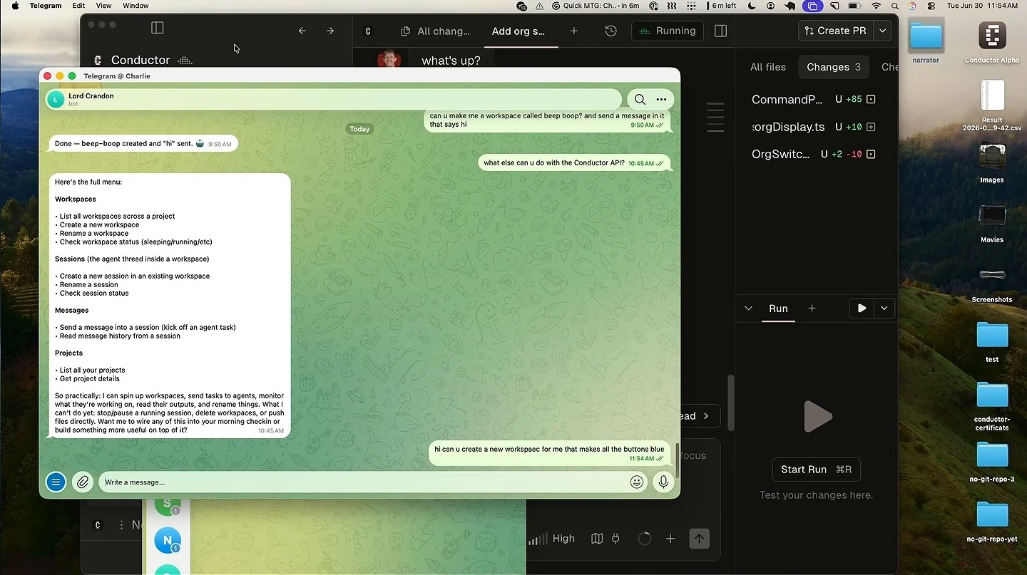 Telegram chat shows a sent request to create a workspace that makes all app buttons blue, beside a menu of Conductor API capabilities.