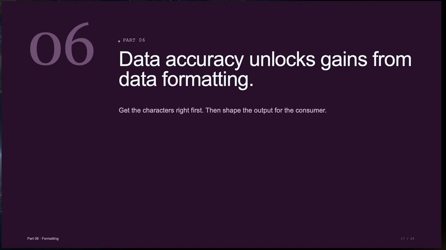 Section slide says accurate characters come first, followed by formatting for the consumer.