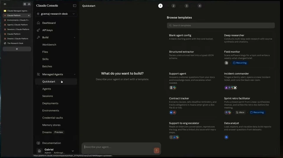 Claude Console Quickstart showing an agent prompt and a selection of templates.