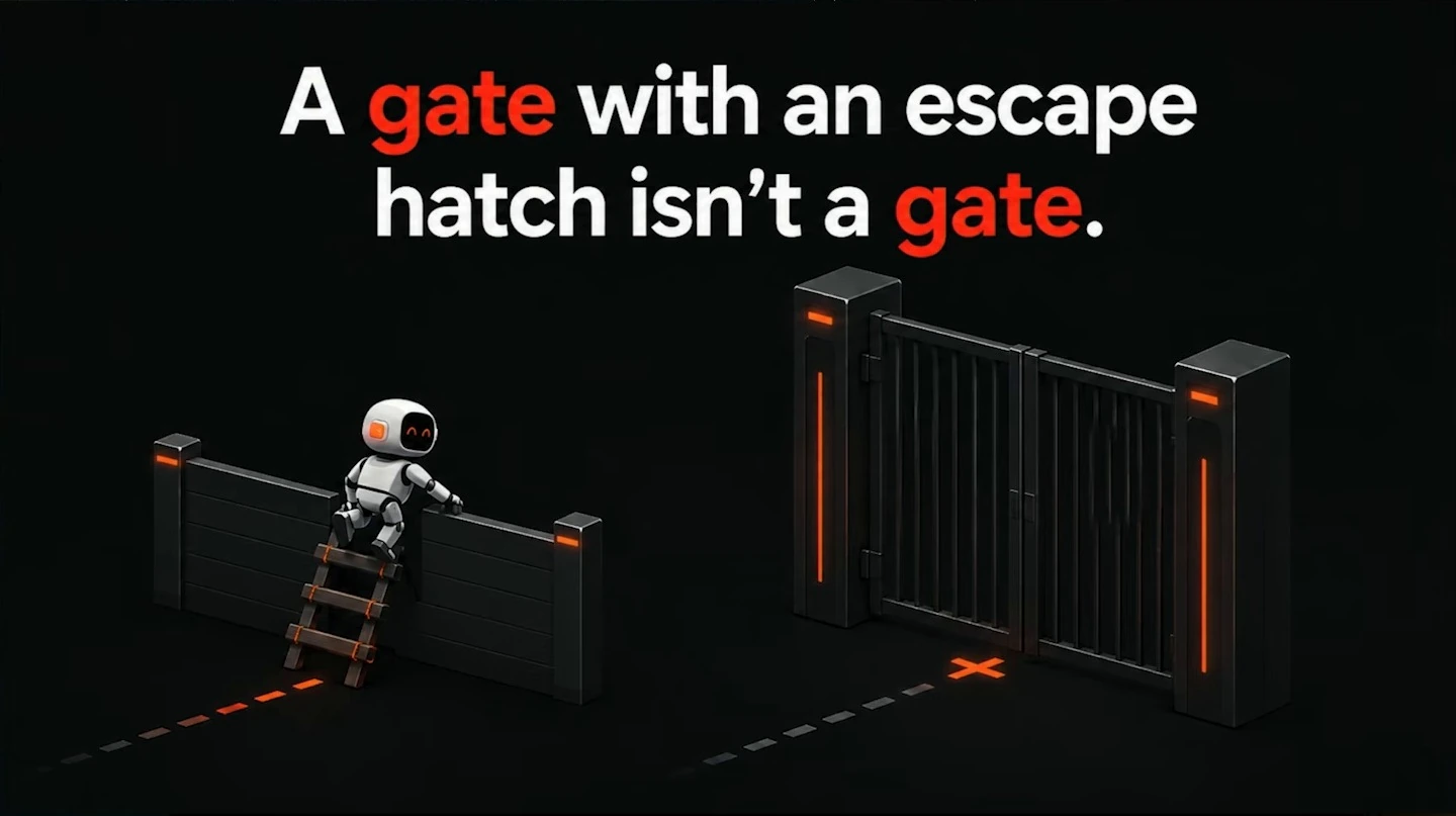 A robot climbs over a low barrier beside a closed gate.