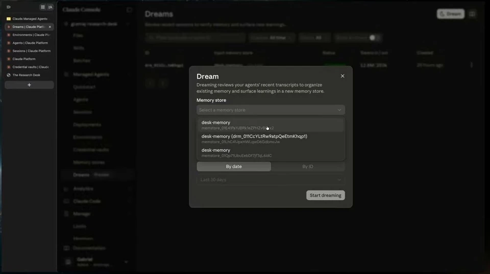 Dream dialog with the memory-store menu open.