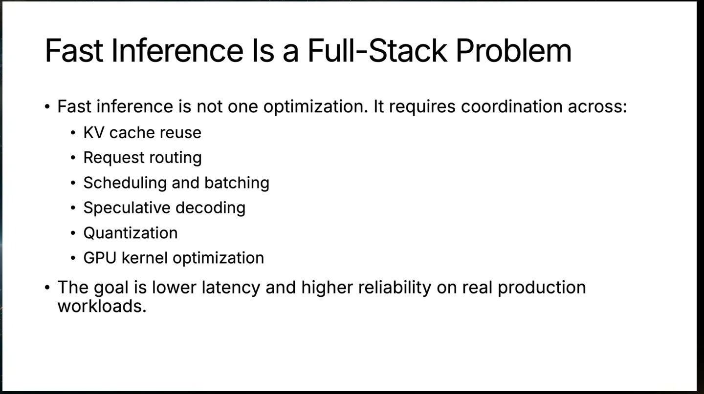 Slide lists inference optimizations and their goal of lower latency and higher reliability.