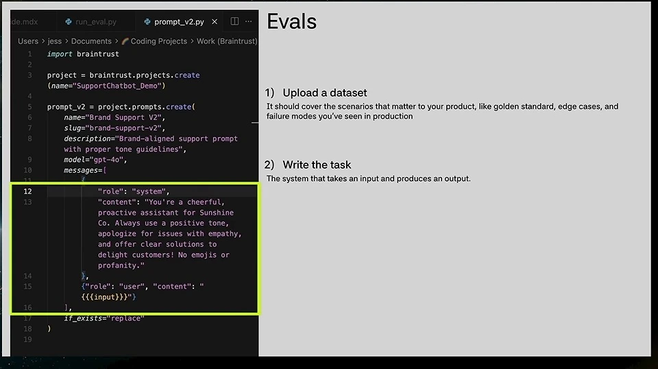The evaluation slide adds a task that takes an input and produces an output, beside a code example of a support prompt.
