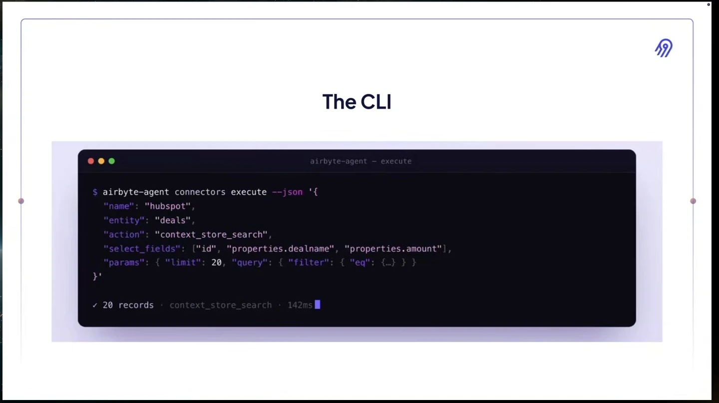 A terminal example queries HubSpot deals using the Airbyte agent CLI.