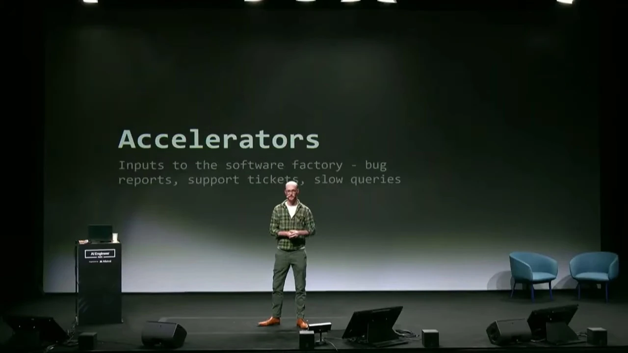Slide describing software factory inputs such as bug reports, support tickets, and slow queries.