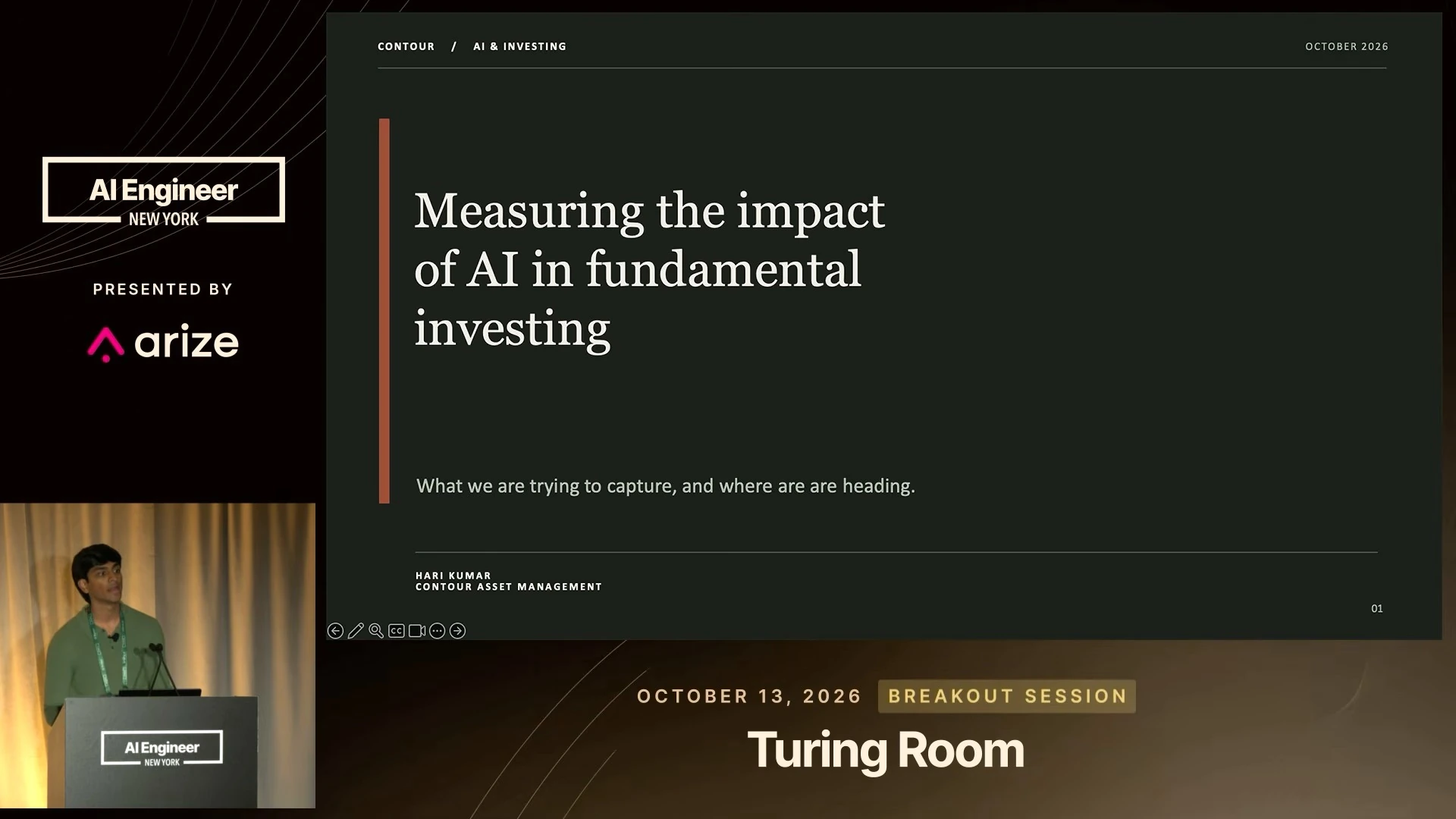 Title slide for Hari Kumar of Contour Asset Management on measuring AI's impact in fundamental investing.