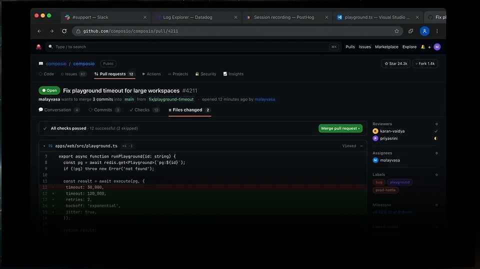 A GitHub pull request showing a proposed timeout adjustment and retry settings.