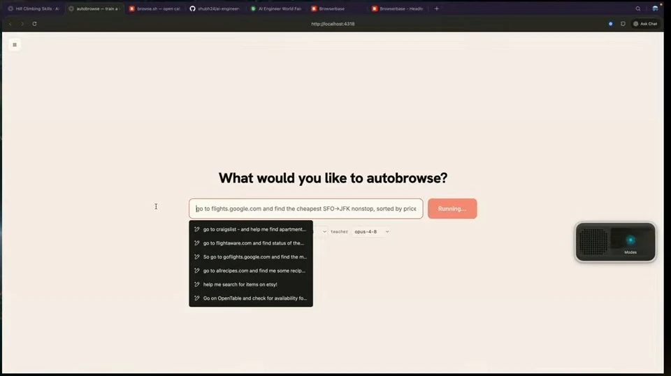 Autobrowse interface with a flight-search request running and a suggestions menu open.