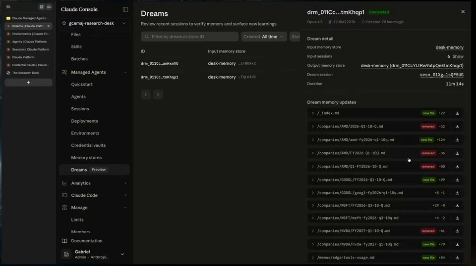 Completed dream detail panel listing memory file changes.