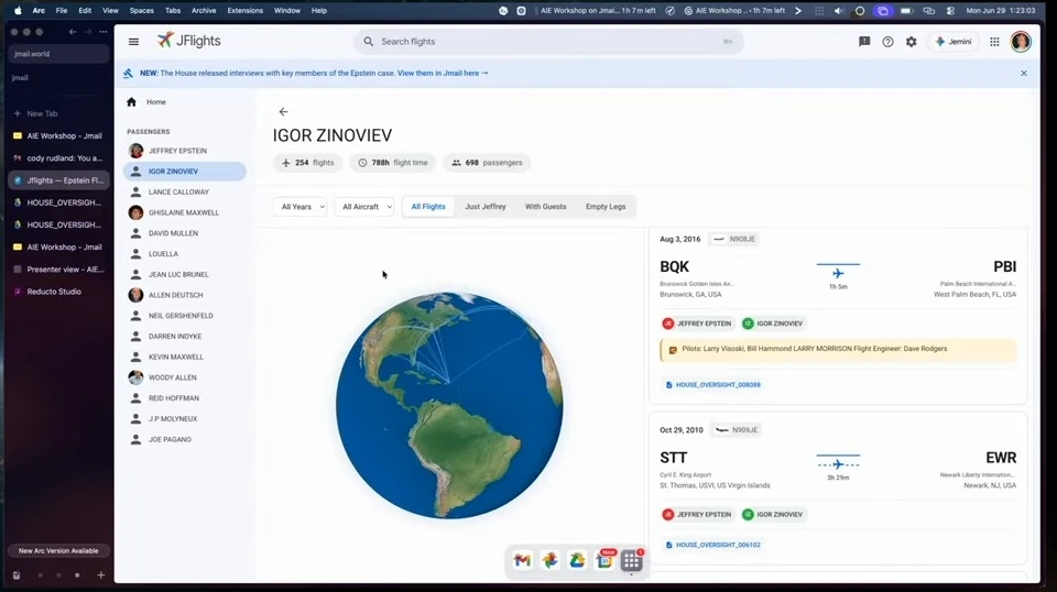 A flight visualization interface shows routes on a globe alongside flight cards.