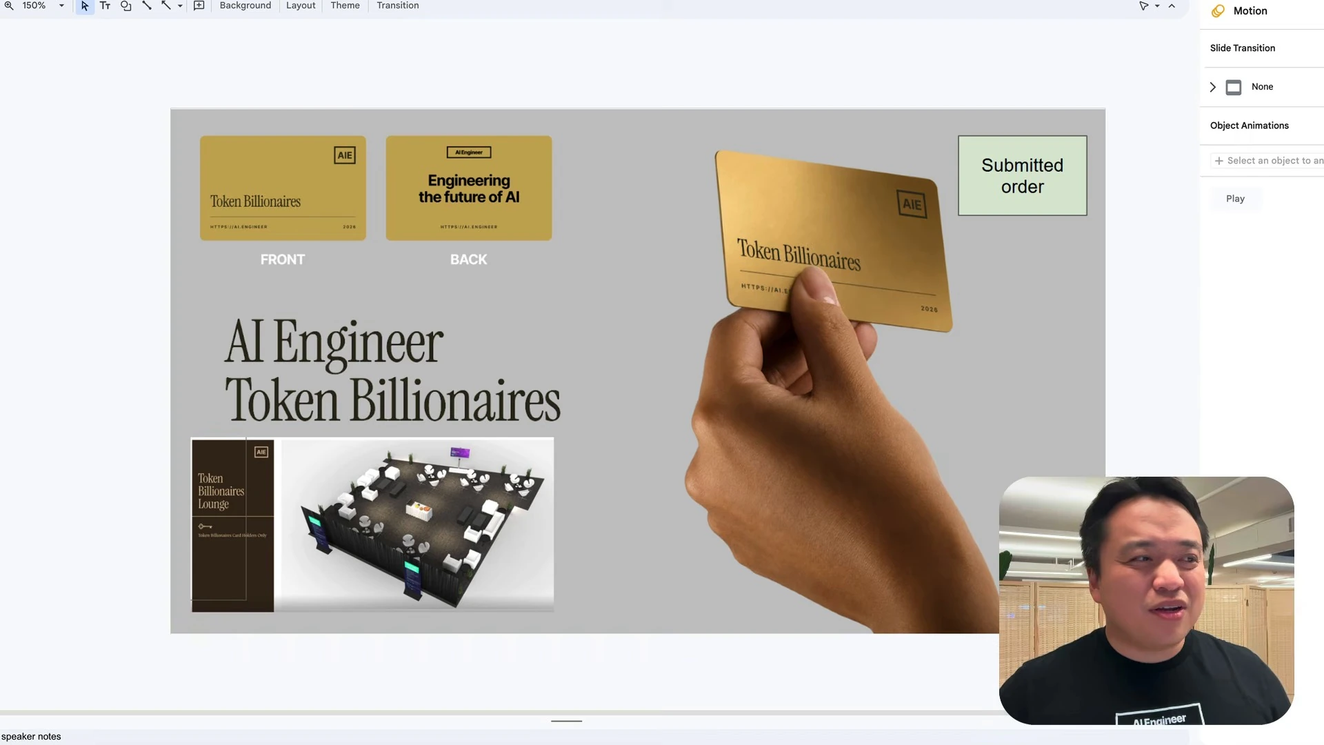 Gold Token Billionaires card designs, a hand holding a card, and a lounge rendering.
