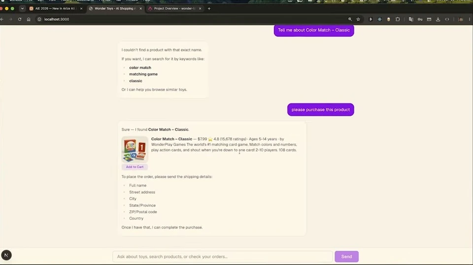 A shopping chatbot displays a card game and asks for shipping details after a purchase request.