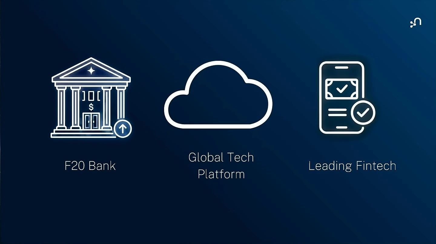 Icons represent an F20 bank, a global tech platform and a leading fintech.